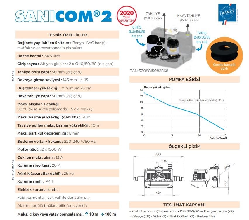 Sanicom2, Çift Motorlu Yoğun Kullanım (Klozet hariç), Banyo, Mutfak ve Çamaşırhane Pis Su Transfer, Tahliye Pompası-4